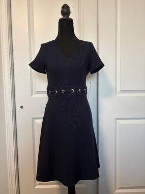 Maggy London V-neck Midi Sheath Dress, Belted, Short Sleeve, Navy, Sz 2, *NWT*